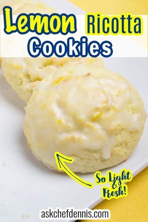 Bring sunshine into your world with these oh so delicious and easy to make Meyer lemon ricotta cookies! These amazing lemon ricotta cookies from Ask Chef Dennis are truly the BEST! Make them for your family or for any special occasion this summer! Ricotta Cheese Cookies, Ricotta Cookies Recipe, Ricotta Dessert, Lemon Ricotta Cookies, Restaurant Style Recipes, Ricotta Cookies, Ricotta Recipes, Lemon Dessert Recipes, Lemon Glaze