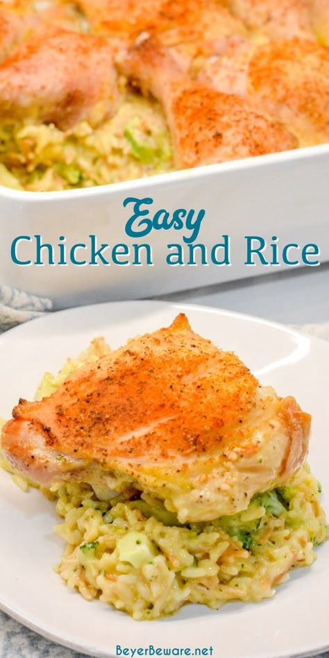 Easy chicken and rice is a simple to put together right in the casserole dish you bake it in with two packages of Knorr's rice, cream of chicken soup, and bone-in chicken legs and thighs. #Chicken #Casserole #Recipes #EasyRecipes Chicken And Packaged Rice Casserole, Chicken Thigh Recipes Casserole Easy Dinners, Baked Chicken And Knorr Rice Recipes, Cream Of Chicken Soup Rice Recipes, Chicken Casserole Using Knorr Rice, Baked Chicken With Knorr Rice, Chicken Rice And Cream Of Chicken Soup, Knorr Chicken Rice Casserole Easy, Chicken And Rice Recipes Knorr