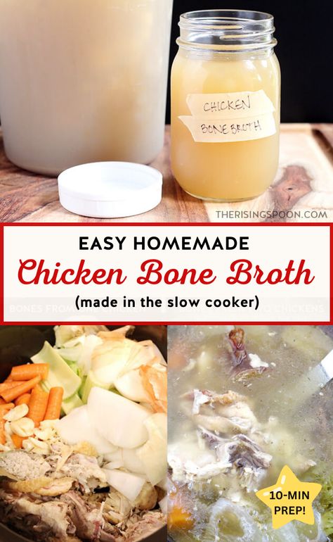 Learn how to make your own homemade chicken broth (that gels) in your crockpot using leftover bones from rotisserie chicken (or different parts you've cooked) + simple veggies like onion, garlic, carrot & celery. This recipe is SO easy and cheap and makes the best base for homemade soups, stews & chili. I like to freeze it in quart or gallon ziplock bags so I can grab exactly what I need for meals. Home Made Chicken Broth, Homemade Chicken Broth, Homesteading Recipes, Make Chicken Broth, Chicken Broth Recipes, Budget Living, Homemade Chicken Stock, Savoury Recipes, Broth Recipes