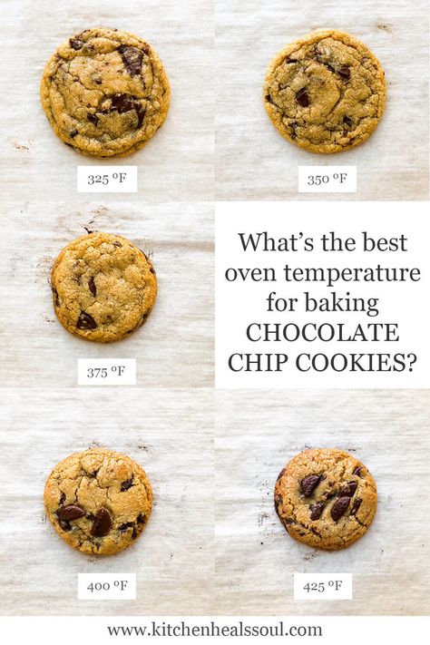 What's the best oven temperature for baking chocolate chip cookies so that they are thick and chewy? At 325F, cookies spread quite a bit, and at 350F too. At 375-425F, cookies are thicker and become more crispy on the outside with a gooey middle. At 425F a lot of browning occurs on the edges and surface of the cookie. How To Make Cookies Thicker, Chocolate Chip Cookie Hacks, No Oven Cookies, Thick And Chewy Chocolate Chip Cookies, Bake Chocolate Chip Cookies, Baking Chocolate Chip Cookies, Tollhouse Chocolate Chip Cookies, Triple Chocolate Cookies, Oven Temperature