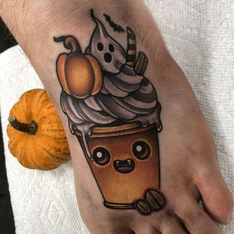 Pumpkin Spice Tattoo, Spice Tattoo, Donut Tattoo, Cupcake Tattoos, Halloween Donuts, Food Tattoos, Fall Cupcakes, Spooky Food, Spooky Treats