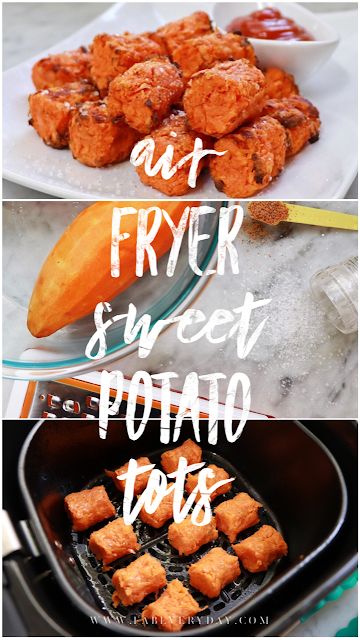 Air fryer sweet potato tots recipe for a different spin on National Tater Tot Day! Click or visit FabEveryday.com for details on my four-ingredient air fryer recipe that I developed for Allrecipes. It has a little bit of a kick and is a great lighter alternative to regular tater tots. Pin this to your air fryer recipe board! #NationalTaterTotDay #allrecipesallstars #allrecipestastemakers #cook2follow #airfryer #recipe #recipes #easyrecipe #sweetpotato #tatertot #healthycooking #sidedish #fabfood Sweet Potato Tots Recipe, Sweet Potato Rounds, Air Fryer Sweet Potato Fries, Making Sweet Potato Fries, Sweet Potato Tots, Potato Rounds, Potato Tots, Healthy Oil, Potato Slices