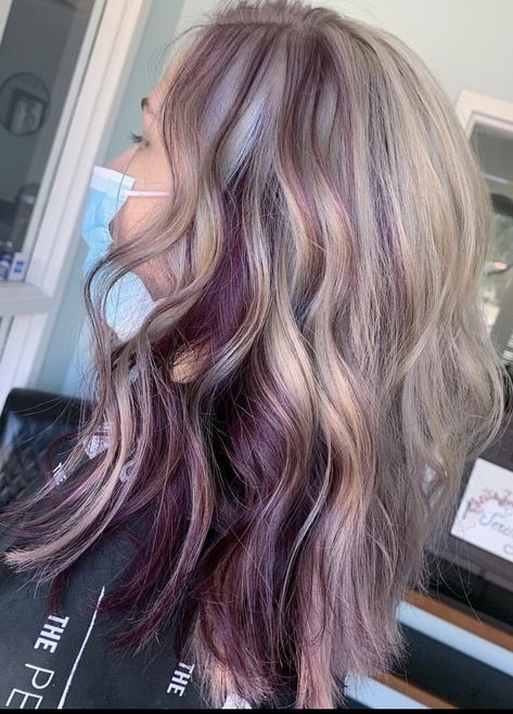 Fun Colors To Put In Blonde Hair, Blonde Copper And Purple Hair, Blonde With Violet Underneath, Fall Hair Colors For Blondes Dark Underneath, Burgundy Hair With Platinum Highlights, Ashy Blonde With Purple, Blonde With Accent Color, Blonde Hair Color Ideas With Peekaboos, Blonde And Burgundy Hair Color Ideas