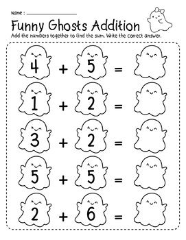 Halloween Ghosts Kindergarten Addition to 10 Math Number Worksheets Halloween Morning Work, Kindergarten Worksheets Halloween, Ghost Worksheets, Halloween Math Activities Preschool, Halloween Addition Worksheets, Halloween Math Activities Kindergarten, Kindergarten Math Sheets, Fall Sheets, Steam Projects For Kids