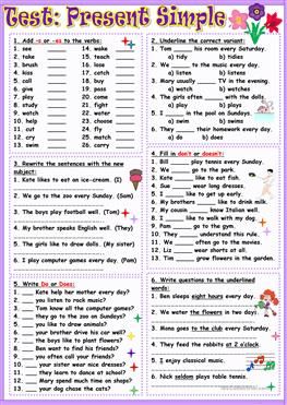 Test:Present Simple Present Tense Worksheets, Simple Present Tense Worksheets, English Grammar Pdf, English Grammar Exercises, Simple Present Tense, Simple Present, Grammar Exercises, Teaching English Grammar, English Exercises