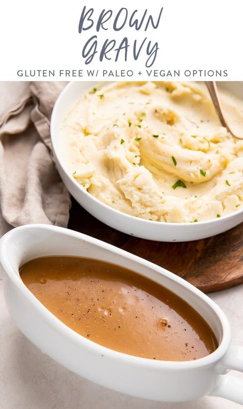 This classic brown gravy is the perfect addition to beef or mashed potatoes. Creamy and rich with loads of savory flavor, this recipe makes every dish better, and you'll return to it time after time. Quick and easy to make, it's naturally gluten free. #glutenfree #thanksgiving #paleo #vegan #gravy Thanksgiving Paleo, Dairy Free Gravy, Paleo Gravy, Beef Gravy Recipe, Dairy Free Thanksgiving, Turkey Gravy From Drippings, Brown Gravy Recipe, Mashed Potatoes And Gravy, Easy Gravy Recipe