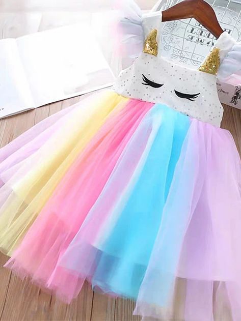 Rainbow Costumes, New Girl Style, Frocks For Kids, Girl Sleeves, Unicorn Dress, Kids Designer Dresses, Girl Rainbow, Rainbow Dress