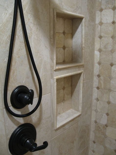 Pencil Trim Around Niche - Ceramic Tile Advice Forums - John Bridge Ceramic Tile Owners Bathroom, Bathroom Niche Ideas, Beige Marble Tile, Decorating Bathrooms, Tiled Bathrooms, Bathroom Niche, Main Bathroom Ideas, Accent Backsplash, Bullnose Tile