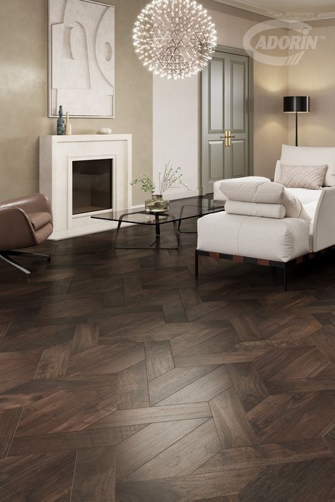 Module parquet in American Walnut Living Room With Parquet Flooring, Brown Tiles Bedroom, Dark Brown Kitchen Floor, Dark Parquet Flooring Living Room, Flooring Ideas Dark, Brown Tiles Floor Living Room, Dark Brown Floor Bedroom, Dark Brown Floor Kitchen, Dark Brown Wooden Floor