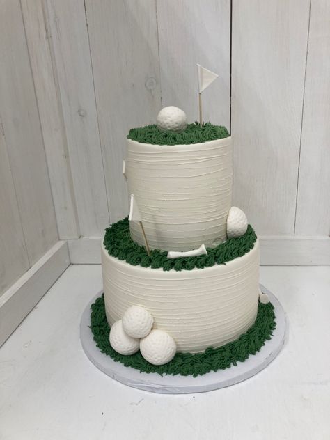 Two tiered textured buttercream cake golf tee golf ball green white bridal shower cake golf themed shower Wedding Cake Golf Theme, 60th Birthday Golf Cake, 2 Tier Golf Cake, Masters Golf Birthday Cake, Golf Themed Wedding Cakes, Golf Themed Grooms Cake, Golf Birthday Cake Ideas, Fore Tee Birthday Cake, Golf Gender Reveal Cake