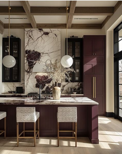 Burgundy Cabinets, Island Backsplash, Wallpaper Decor Ideas, Wallpaper Design Ideas, Marble Island, Modern Pendant Lights, Modern Kitchen Interiors, Wooden Floors, Best Wallpaper