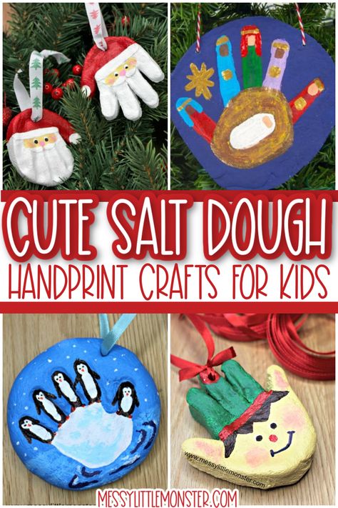 Salt dough handprint ornaments Salt Dough Handprint Ornaments, Salt Dough Handprints, Salt Dough Handprint, Handprint Crafts For Kids, Santa Handprint Ornament, Elf On The Shelf Easy, Toddler Ornaments, Salt Dough Christmas Ornaments, Salt Dough Crafts