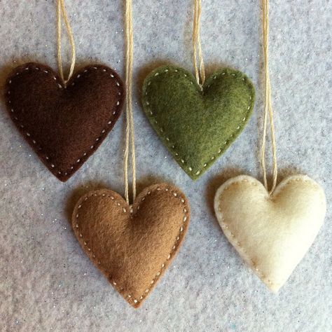 Stitched Ornaments, Decorations Bedroom, Christmas Hearts, Felt Heart, Handmade Christmas Decorations, Felt Christmas Ornaments, Heart Ornament, Green Beige, Felt Hearts