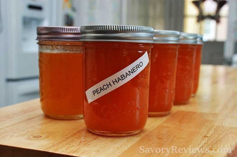 Peach Habanero Pepper Jelly - SavoryReviews Christmas Preserves, Peach Pepper Jelly Recipe, Habanero Pepper Jelly, Peach Pepper Jelly, Pepper Jellies, Pepper Jelly Recipe, Habanero Jelly, Hot Pepper Recipes, Pepper Jelly Recipes