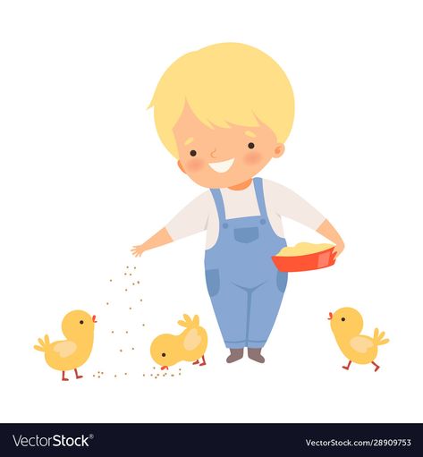 Farm Life Illustration, Illustration Friendship, Feeding Animals, Chicken Boy, Feeding Chickens, Fall Crops, Farm Vector, Chicken Drawing, Clipart Boy