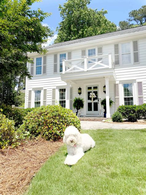 Benjamin Moore Exterior Paint, Home Exterior Paint, Benjamin Moore Exterior, White Exterior Paint, White Colonial, Colonial House Exteriors, Shutter Colors, White Exterior Houses, House Paint Color Combination