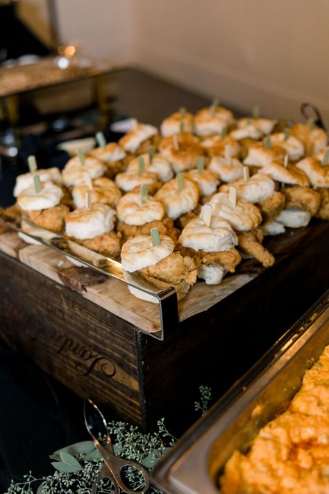 Mini Chicken and Biscuits on an appetizer buffet by Type A Catering, a Lexington KY caterer. Mini Chicken And Biscuits, Chicken Biscuits, Chicken Biscuit, Diy Wedding Food, Appetizer Buffet, Wedding Caterer, Biscuit Bar, Gourmet Breakfast, Catering Desserts