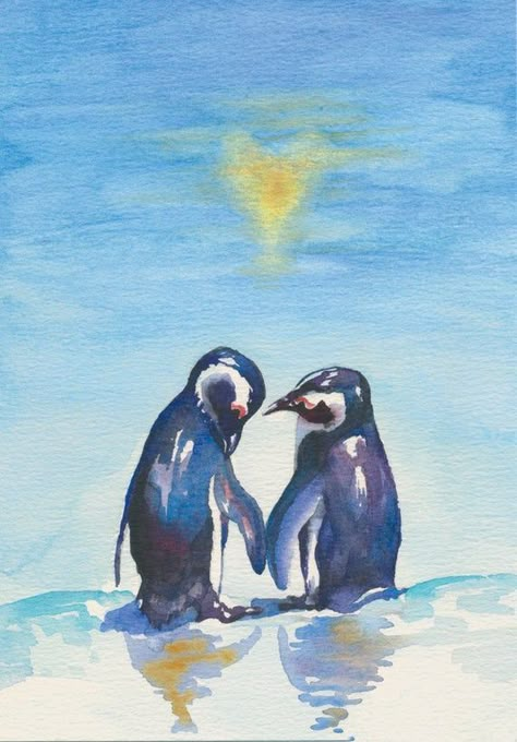 In Love Painting, Penguins In Love, Two Penguins, Penguin Watercolor, Love Watercolor, Arte Indie, Penguin Art, Penguin Love, Fancy Art