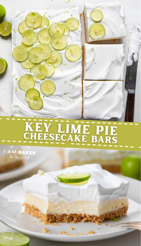 one image shows the whole pan of bars with a few slices in it. the second one shows a single bar on a white plate. Key Lime Bars Recipe, No Bake Key Lime Bars, Creamy Key Lime Pie Bars, No Bake Key Lime Pie Bars, Pillsbury Key Lime Pie Bars, Lime Cheesecake Bars, Food Dolls Key Lime Pie Bars, Key Lime Cheesecake Bars, Key Lime Cheesecake Recipe