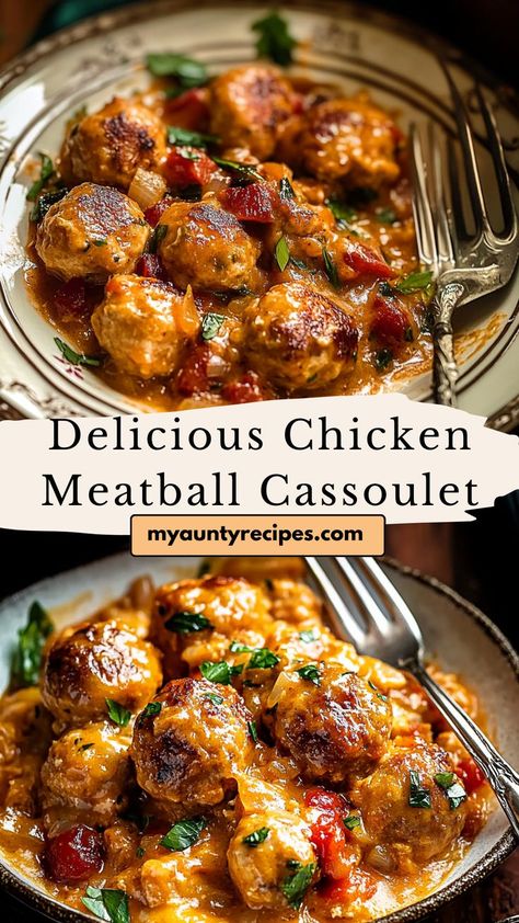 Savor the comforting flavors of this Chicken Meatball Cassoulet. With hearty beans, juicy chicken meatballs, and a fragrant herb sauce, it’s an easy way to enjoy French-inspired comfort food. Dinner Recipe With Meatballs, What To Serve With Chicken Meatballs, Shredded Chicken Meatballs, What To Eat With Chicken Meatballs, Chicken Meatball Sauce Recipe, What To Make With Chicken Meatballs, Italian Chicken Meatball Recipes, Ground Chicken Meatballs Recipes, Chicken Meatball Dinner Ideas