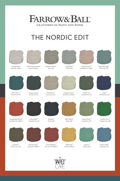 Farrow And Ball Nordic Edit, Scandinavian Design Color Palette, Scandinavian Colour Palette Inspiration, Nordic Paint Colors, Farrow And Ball Colour Schemes 2023, Nordic Color Palette Interior Design, Colorful Nordic Interior, Danish Color Palette, Swedish Color Palette