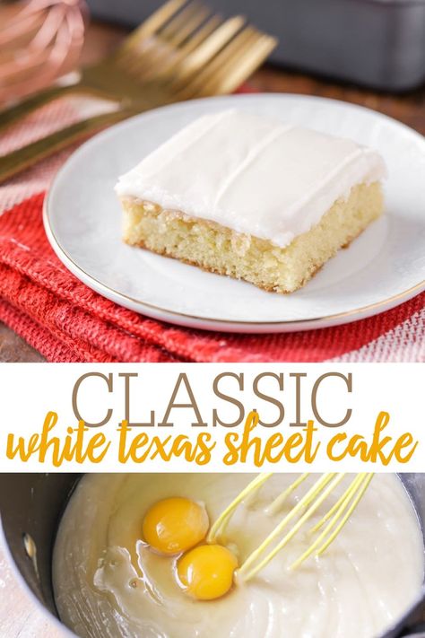 A white version of classic sheet cake! This cake is moist and is topped with an amazing frosting with hints of almond throughout. It also feeds a ton, making it great for parties and get together. #whitetexassheetcake #texassheetcake #dessert #dessertrecipe #cake White Sheet Cakes, White Texas Sheet Cake, Texas Cake, White Cake Recipes, Texas Sheet Cake Recipe, Texas Sheet, White Cake Recipe, Texas Sheet Cake, Chocolate Sheet Cake