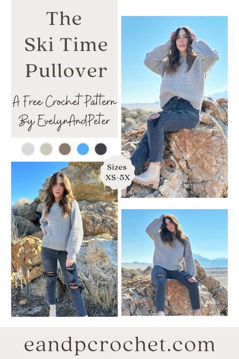 The Ski Time Pullover is a FREE crochet pattern by EvelynAndPeter! This pattern includes sizes XS-5X and available as a Lion Brand Kit! #crochetsweater #crochetpattern #evelynandpeter #crochetop #beginnercrochet Cardigans Crochet, 2023 Crochet, Pullover Crochet, Tl Yarn Crafts, Foundation Single Crochet, Crochet Jumper, Boucle Yarn, Single Crochet Stitch, Sweater Crochet Pattern