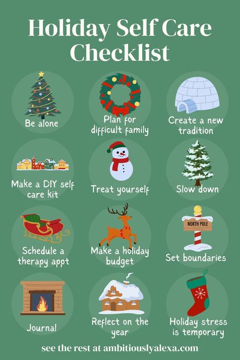 holiday self care checklist Self Care Holidays, Holiday Wellness Tips, Holiday Self Care Tips, December Challenge Self Care, How To Feel More Christmassy, Christmas Self Care Ideas, Holiday Self-care, December Self Care Challenge, November Self Care