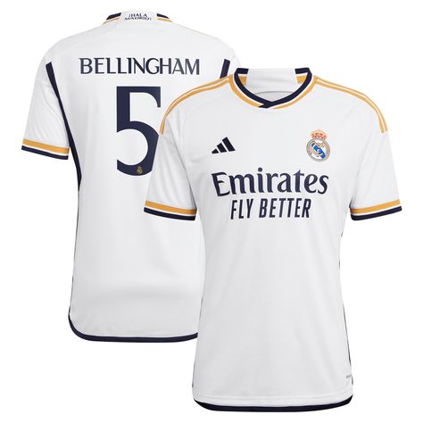 Look and feel like the real deal when you add this Jude Bellingham 2023/24 Replica Jersey to your Real Madrid collection. This adidas gear features AEROREADY technology as well as ventilated, mesh panels that work together to keep you dry and comfortable all game long. Its exciting Real Madrid graphics will get you pumped to cheer on your favorite team as they take the pitch. Real Madrid Merchandise, Shoes For Guys, Modric Real Madrid, Adidas Country, Soccer Uniforms, Sports Uniforms, Custom Jerseys, Soccer Jerseys, Soccer Shoes