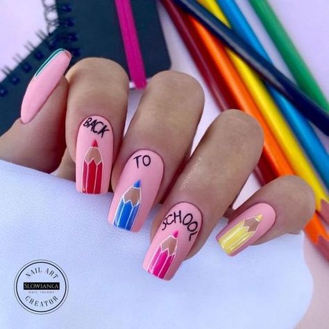 Nails For Back To School, Teacher Nail Art, School Nail Ideas, Back To School Nail Ideas, Rockabilly Nails, Teacher Nails, School Nail Art, August Nails, Cute Short Nails