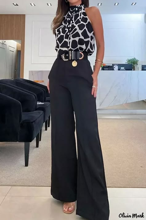 Olivia Mark - Chic Sleeveless Halter Two-Piece Set with Geometric Print (Belt Not Included) Elegant Pant, Suit Type, Sleeveless Suit, Two Piece Pants Set, Casual Wide Leg Pants, Elegante Casual, Loose Tops, Professional Outfits, Work Attire