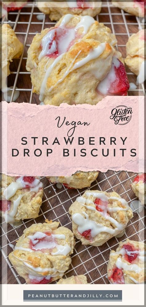 Strawberry Biscuits Recipe, Strawberry Biscuits, Vegan Cream Cheese Icing, Sweet Biscuits, Vegan Cream Cheese Frosting, Vegan Biscuits, Vegan Baking Recipes, Vegan Chocolate Chip Cookies, Drop Biscuits