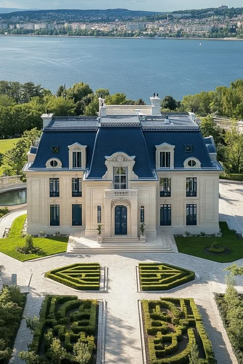 High angle view of a modern french mansion with dark blue roof ornate facade front garden with chrub maze marble pathways big river in the. Let’s reveal the charming features, quirky details, and luxurious elegance of French mansions. Rich Houses Dream Homes Luxury Mansions, Billionaire Houses Mansions, French Villa Exterior, Modern French Mansion, French Chateau Exterior, Villa House Design, French Villa Interior, Modern French Chateau, Big Mansion