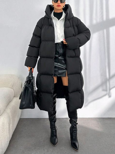 Long Puffer Coat With Hoodie Black   Long Sleeve Woven Fabric   Non-Stretch  Women Clothing, size features are:Bust: ,Length: ,Sleeve Length: Corduroy Coat, Long Puffer Coat, Long Puffer, Padded Coat, Down Coat, Cotton Jacket, Casual Blouse, Alhamdulillah, Puffer Coat