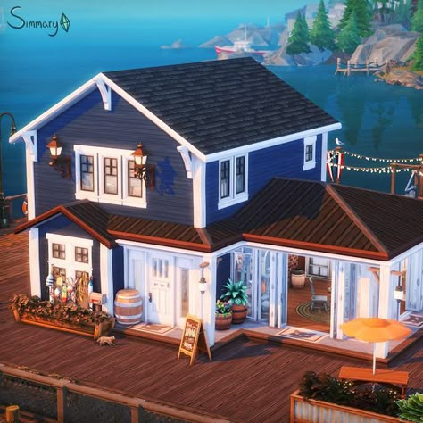 Sims 4 Cute House Ideas, Sims Household Ideas, Sims 4 Seaside House, Sims 4 Front Porch Ideas, Sims 4 Cat Cafe, Sims 4 Base Game Starter House, Sims 4 Cape Cod House, Sims 4 Cats And Dogs House, Sims 4 Vet Clinic Floor Plan