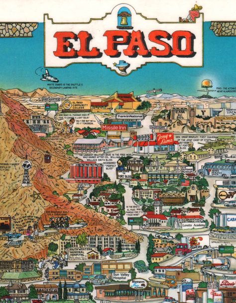 El Paso I used to live here! Fort Bliss, Roadtrip America, Texas Places, Travel Texas, Pictorial Maps, Illustrated Maps, Texas Towns, Outdoors Tattoo, Southwest Desert