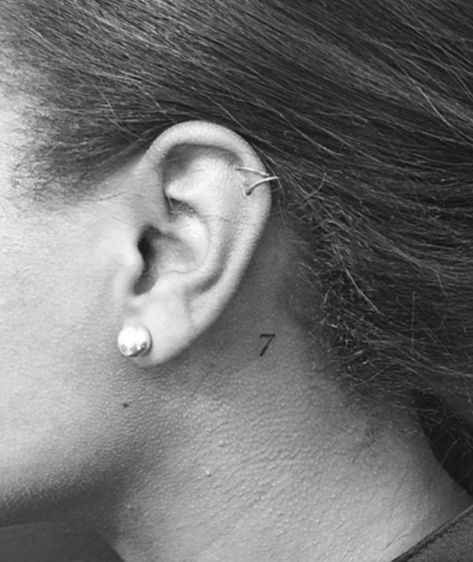 7 Behind Ear Tattoo, 7 Tattoo Behind Ear, Number Tattoos Behind The Ear, Tattoo Behind Ear Number, Behind The Ear Number Tattoo, Neck Number Tattoo, Sparkle Tattoo Behind Ear, Tattoo On Jawline, 77 Tattoo Number