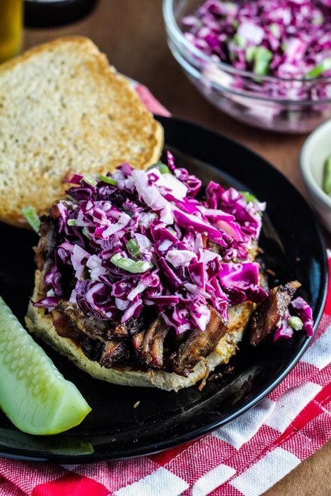 Pulled Pork and Purple Coleslaw Sandwich {Katie at the Kitchen Door} Purple Coleslaw, Pulled Pork And Coleslaw, Slaw For Pulled Pork, Sandwich With Coleslaw, Best Super Bowl Recipes, Purple Cabbage Recipes, Coleslaw For Pulled Pork, Coleslaw Sandwich, Best Superbowl Food