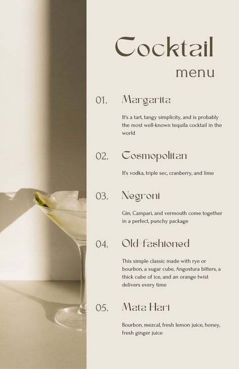 Minimalistic Biege Cocktail Menu - Templates by Canva Simple Cocktail Menu Design, Menu Design Cocktail, Canva Menu Design, Cocktail Menu Design Templates, Cocktail Menu Design Ideas, Cocktail Menu Design, Drink Menu Design, Menu Lighting, Cafe Menu Design