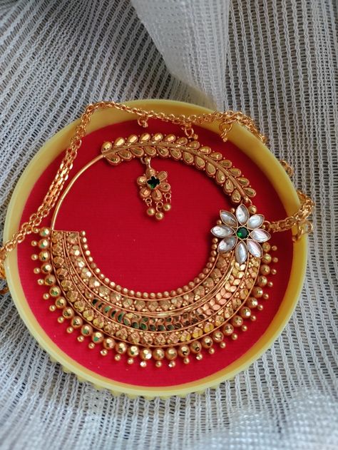 Rajputi Jewellery Nath, Nathni Designs Gold, Kumauni Nath Design, Bridal Nath Designs In Gold Rajputi, Garhwali Nath Designs Gold, Pahadi Nath Designs Gold, Pahadi Gold Jewellery, Mangtika Gold Design, Rajputi Mangalsutra Designs Gold