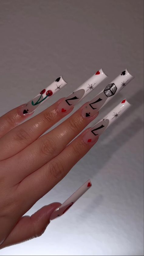 Nails Acrylic Angel Number, 777 Acrylic Nails, Old English Letters On Nails, Nails With Money Signs, 777 On Nails, Initial A Acrylic Nails, Long Acrylic Nails With Bf Initials, 777 Angel Number Nails Design, Aries Nail Ideas