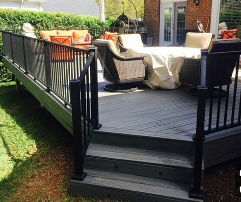 Gray And Black Deck, Black Deck Ideas, Grey And White Deck, Black Painted Deck, Black Stained Deck, Black Deck Stain, Black Decking Ideas, Dark Wood Decking, Deck Painting