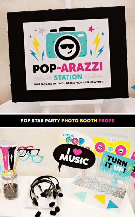 How to Throw the Ultimate POP STAR Party! {Ideas, Activities & Free Printables} Pop Music Decorations, Pop Star Party Decoration, Kids Bop Birthday Party, Kidz Bop Birthday Party, Kids Karaoke Party, Star Party Ideas, Rock Star Party Favors, Baby Jam, Sing Party