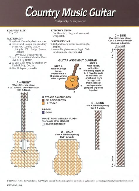 Plastic Canvas Guitar Pattern, Country Music Guitar, Plastic Canvas Barbie, Doll Furniture Patterns, Guitar Patterns, Plastic Canvas Stitches, Diy Doll Miniatures, Crochet Keychain Pattern, Plastic Canvas Projects