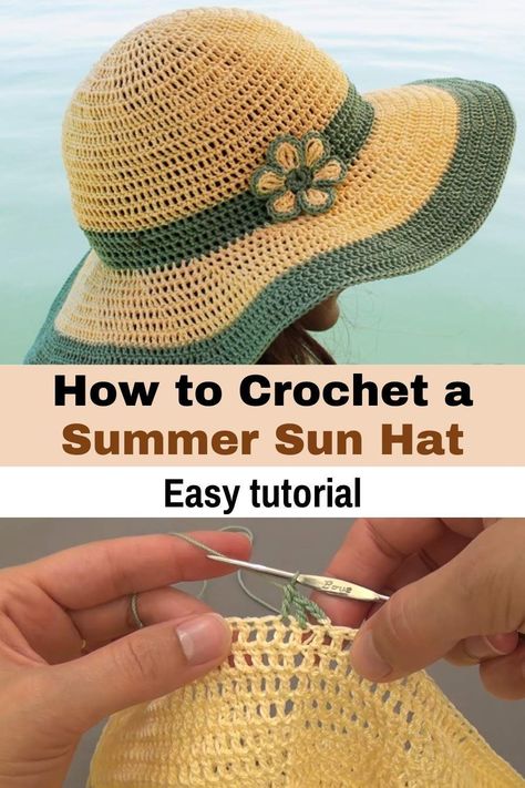 You won't be able to wait to make this beautiful summer hat. It is ideal for sunny days enjoying the beach or the pool.It is quite easy to do and the best of all is that you can customize it with your favorite colors, or perhaps adding some appliques of your choice. Crochet Beach Accessories, Crochet Beach Hat, Crochet Sun Hat For Summer Outdoor, Adjustable Summer Crochet Hat For Beach, Lightweight Yarn Sun Hat, One Size Fits Most, Summer Sun Hat In Yarn, One Size, Trendy Crochet Sun Hat, One Size, Business Crochet, Sun Hat Crochet