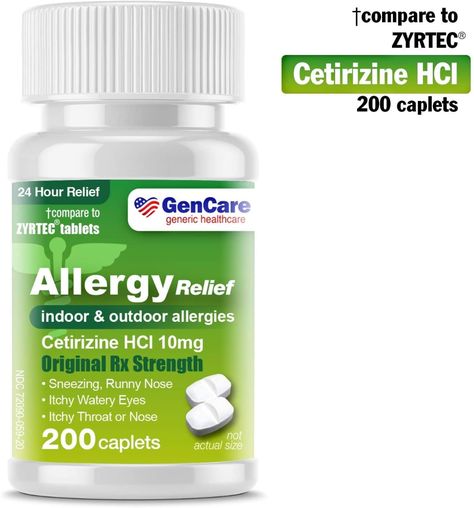 Amazon.com: GenCare Cetirizine HCL 10 mg (200 Count) | 24 Hour Non Drowsy Allergy Relief Pills | Best Value Generic OTC Allergy Medication | Antihistamine for Sneezing, Runny Nose and Itchy Eyes | Generic Zyrtec: Health & Personal Care Dog Allergy, Allergy Medicine, Homeopathy Medicine, Itchy Throat, Watery Eyes, Itchy Eyes, Allergy Relief, Alien Concept, Nasal Congestion