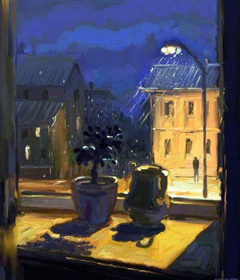 Pluie la nuit - Elena Yushin Night Rain, Oil Painting, Building, Plants