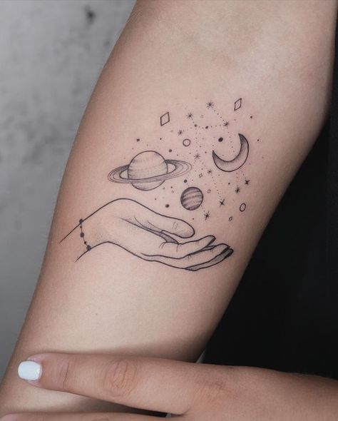 Stars And Moon Tattoo Sleeve, Pretty Moon Tattoos For Women, Star Theme Tattoo, Stars And Moon Tattoos, As The Universe So The Soul Tattoo, Women Moon Tattoo, Celestial Tattoo Ideas For Women, Moon Related Tattoos, Saturn And Moon Tattoo