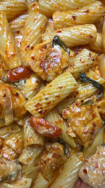 Jo and Bart on Instagram: "SUPER EASY SPICY MOZZARELLA & CHICKEN PASTA 🍝 In order : A drizzle of olive oil 3 cloves of garlic 1 shallot 250g chicken 1 tbsp tomato paste spices : paprika, garlic, origano, pili-pili 100ml single cream 150g of spinach 150g cherry tomatoes 200g tortiglioni uncooked Tag a friend ♥️ #pastalovers #pasta #easyrecipes #reels #mozzarella #chicken #spicy #instareels #fyp #hungry #foodlovers" Chicken Pasta Recipes Tomato Sauce, Tortiglioni Recipes Pasta, Spicy Garlic Chicken Pasta, Mozzarella Chicken Pasta, Creamy Garlic Paprika Chicken, Spicy Vodka Pasta With Chicken, Julia’s Album Creamy Chicken Pesto Pasta, Garlic Chicken Pasta, Mozzarella Pasta