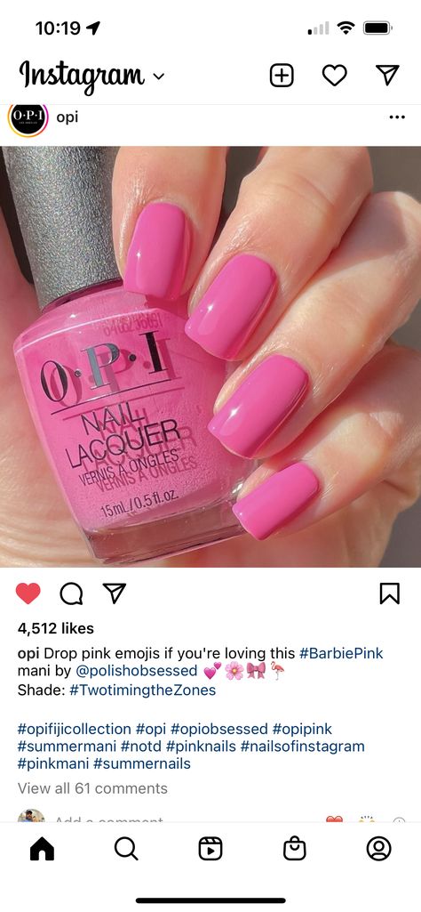 Barbie Nails Color, Barbie Pink Nail Polish Colors, Barbie Pink Nails Opi, Barbie Nail Polish, Opi Barbie Pink, Barbie Pink Nail Polish, Nail Colors Pink, Barbie Nails Acrylic, Summer Nail Looks